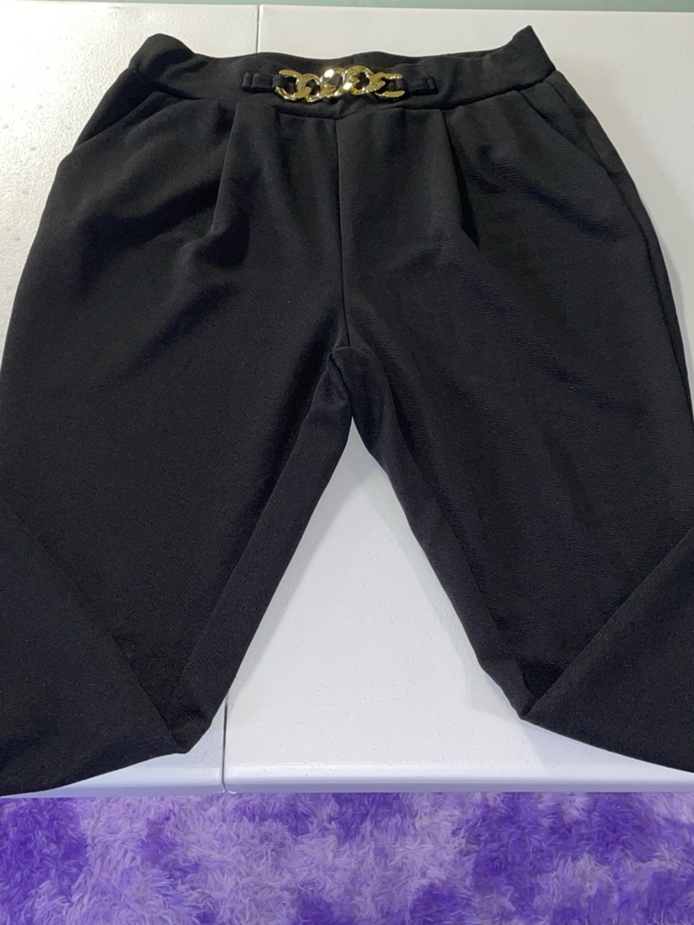 Black Pants with Gold Chain Waist Detail